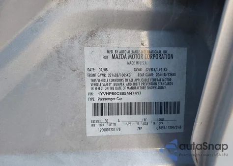 2008 Mazda Mazda6 I Sport Ve from USA, damaged, VIN 1YVHP80C885M47417